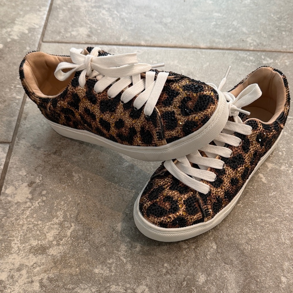 Betsey Johnson Sidny Leopard Sequin Low-Top Sneakers in Brown, Black, White